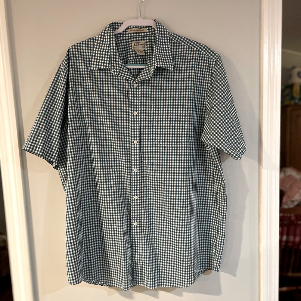 L.L. Bean Mens Green Checkered Collared Shirt Size XL